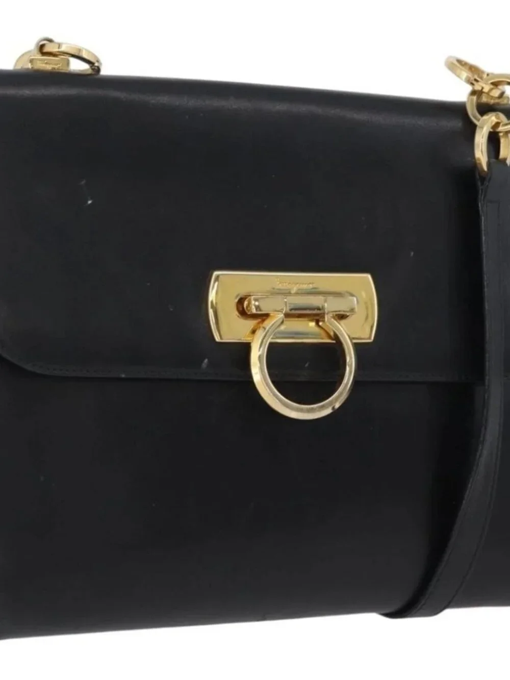 Salvatore Ferragamo Gancini Shoulder Bag Leather Black Gold Auth LNZ598